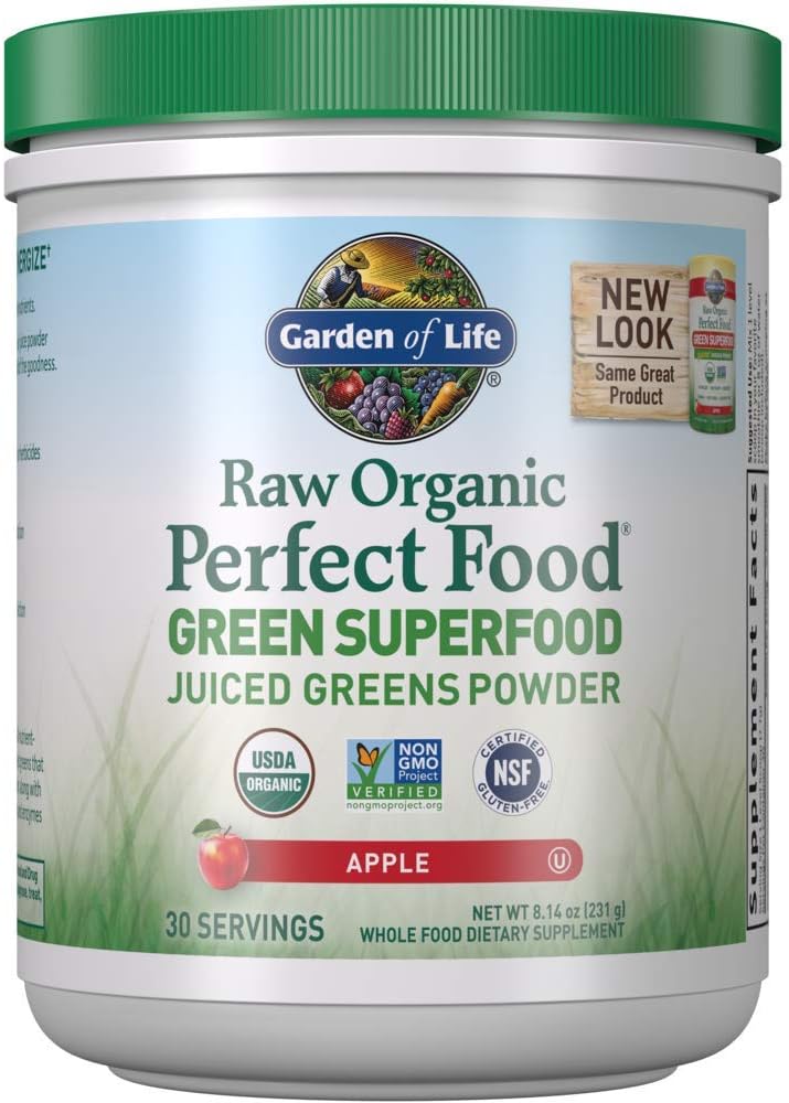 Garden of Life Raw Organic Perfect Food Green Superfood Juiced Greens Powder - Apple, 30 Servings (Packaging May Vary) - Vegan Gluten Free Whole Food Dietary Supplement, Plus Probiotics & Enzymes