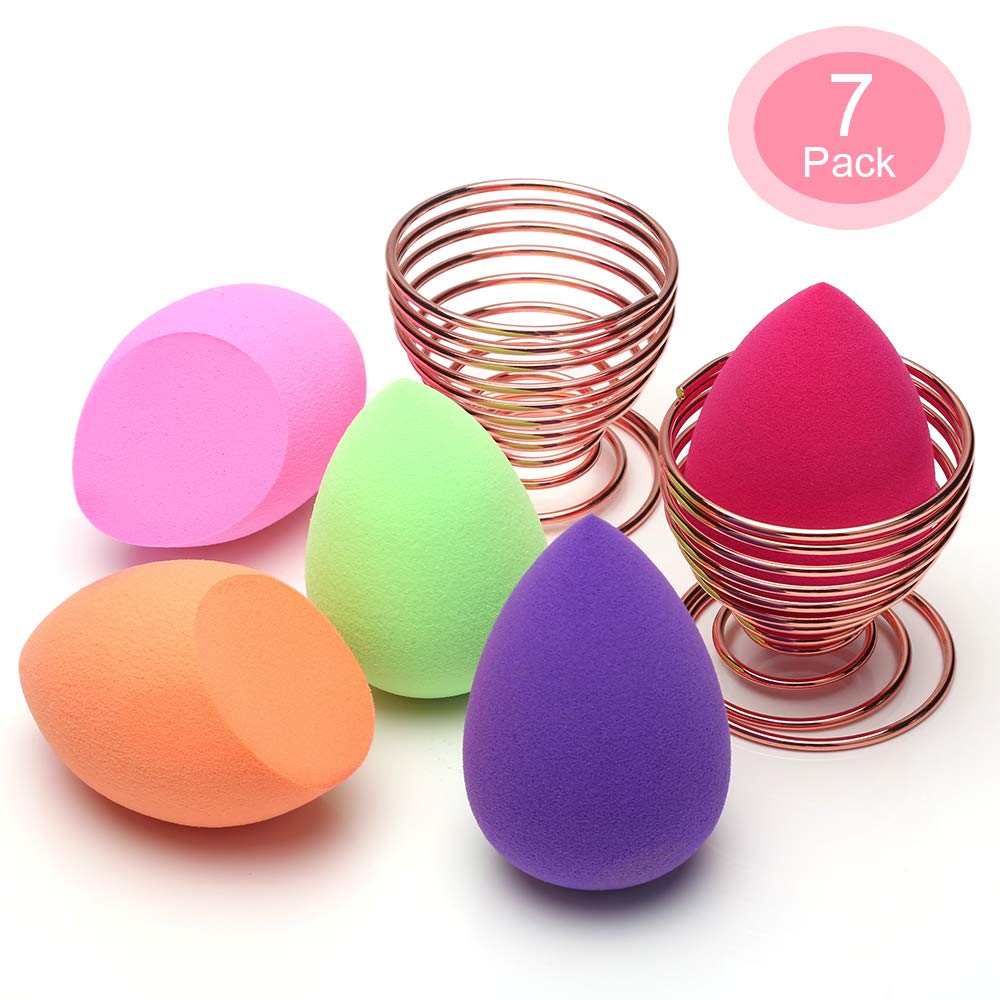 O'vinna [5-Pack] Makeup Sponge and Powder Puff Sponge Support Display Stand (5Pcs Makeup Blender Sponges + 2Pcs Sponge Holder, Rose Gold)