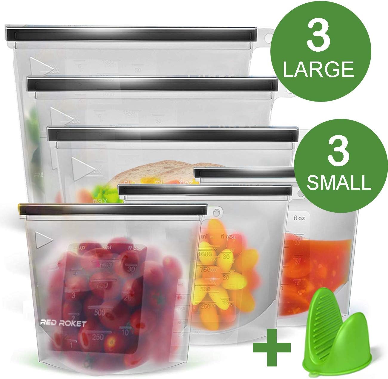 Redrocket Silicone Food Storage Bag - Leakproof, Freezer, Microwave, dishwasher safe for Sandwich, vegetable, Fruit, Meat, Lunch ,Snack, 6 Pack