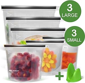 Redrocket Silicone Food Storage Bag - Leakproof, Freezer, Microwave, dishwasher safe for Sandwich, vegetable, Fruit, Meat, Lunch ,Snack, 6 Pack