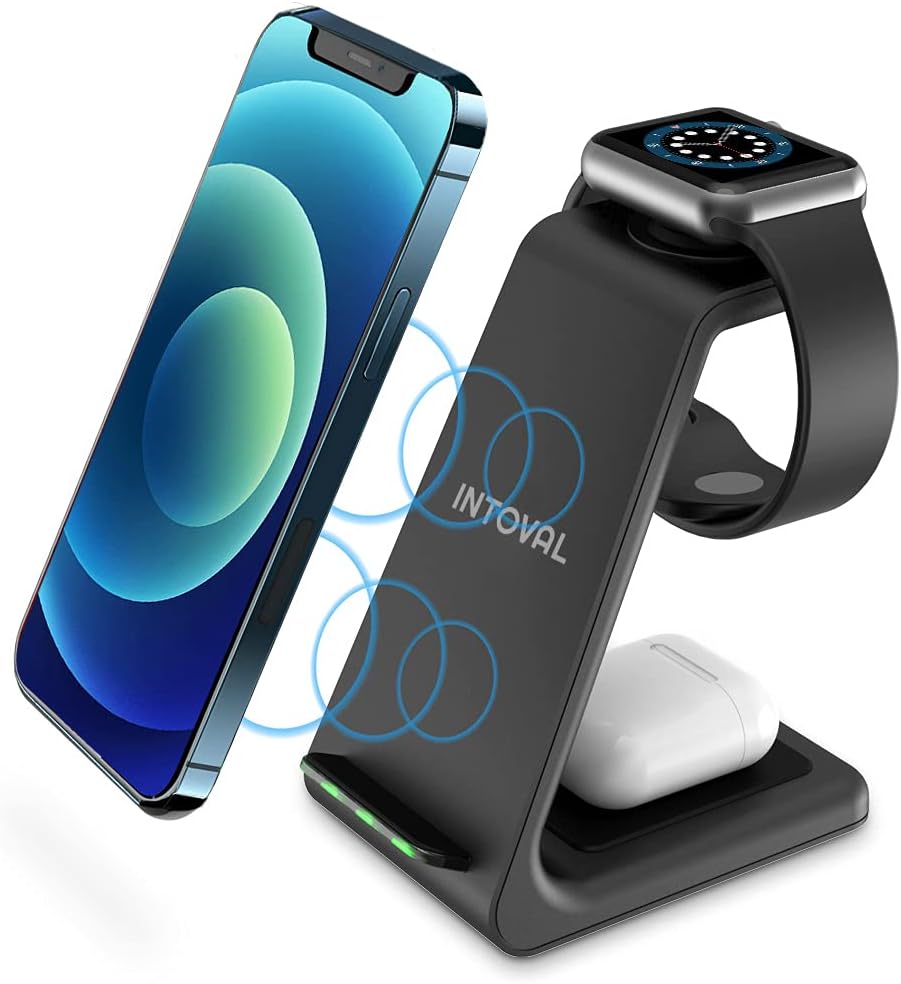 Intoval Wireless Charging Station, True 3 in 1 for Apple iPhone/iWatch/Airpods,iPhone 12 Pro Max/12 Pro/12/11 Pro Max/11/XS/XR/XS/X/8,iWatch 6/SE/5/4/3/2,Airpods Pro/2/1 (A3,Black)