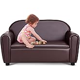 Costzon Kids Couch, 2 in 1 Double Seat Children's Sofa w/Under Seat Storage, PU Leather Surface, Toddler Armrest Chair, Kids 