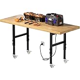 Granper 60" Heavy Duty Solid Wood Work Bench, Work Table with Wheels, Portable Garage Workbench with Power Outlet, 3000 LBS L