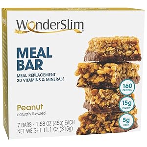 WonderSlim Meal Replacement Protein Bar - Low Carb Nutrition Bar for Women & Men - Peanut - High Fiber, Gluten Free, Weight Loss Diet Snack Bar (7ct)