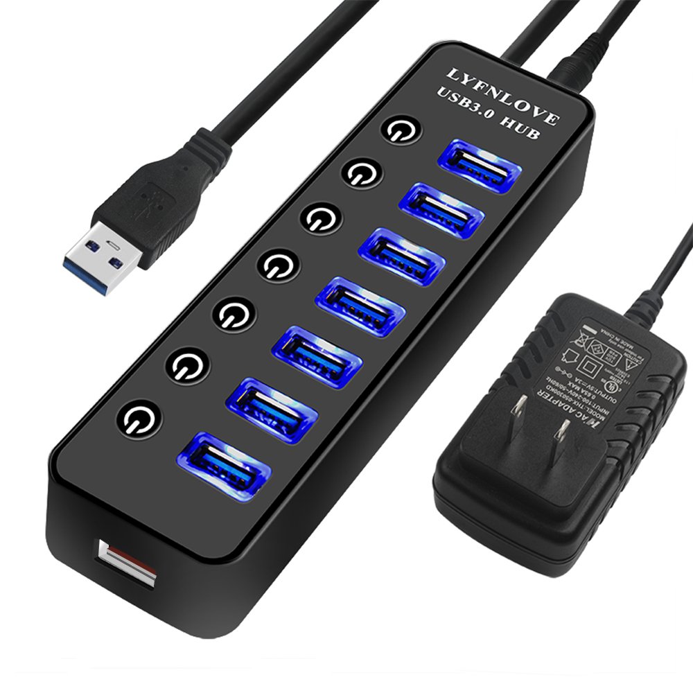 LYFNLOVE USB Hub 3.0 Splitter,7 Port USB Data Hub with Power Adapter and Charging Port,Individual On/Off Switches and Lights for Laptop, PC, Computer, Mobile HDD, Flash Drive and More