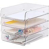 Gagee 4 Pack Paper Organizer for Desk,Clear Stackable Paper Sray, Office Desk Organizer for Notes, Pens, File, Document, A4 P