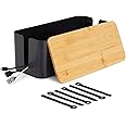 ionX Box for Cable Management, 1 Medium ABS Cord Organizer Box with Bamboo Lid, Black