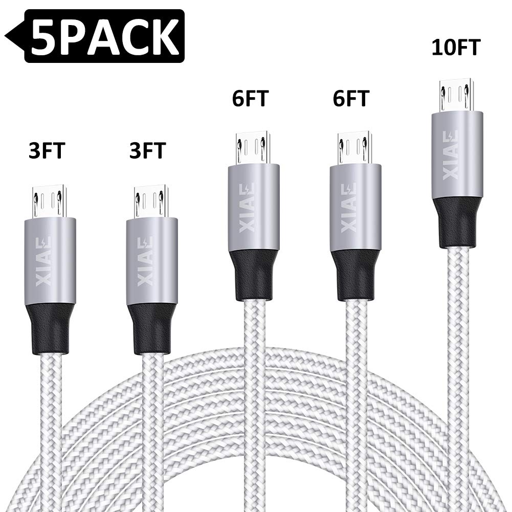 Micro USB Cable,XIAE 5Pack (3/3/6/6/10FT) Nylon Braided Fast Charging Cable Aluminum Housing USB Charger Android Cable for Samsung Galaxy S7 Edge S6 S5,Android Phone,LG G4,HTC and More-Silver&Gray