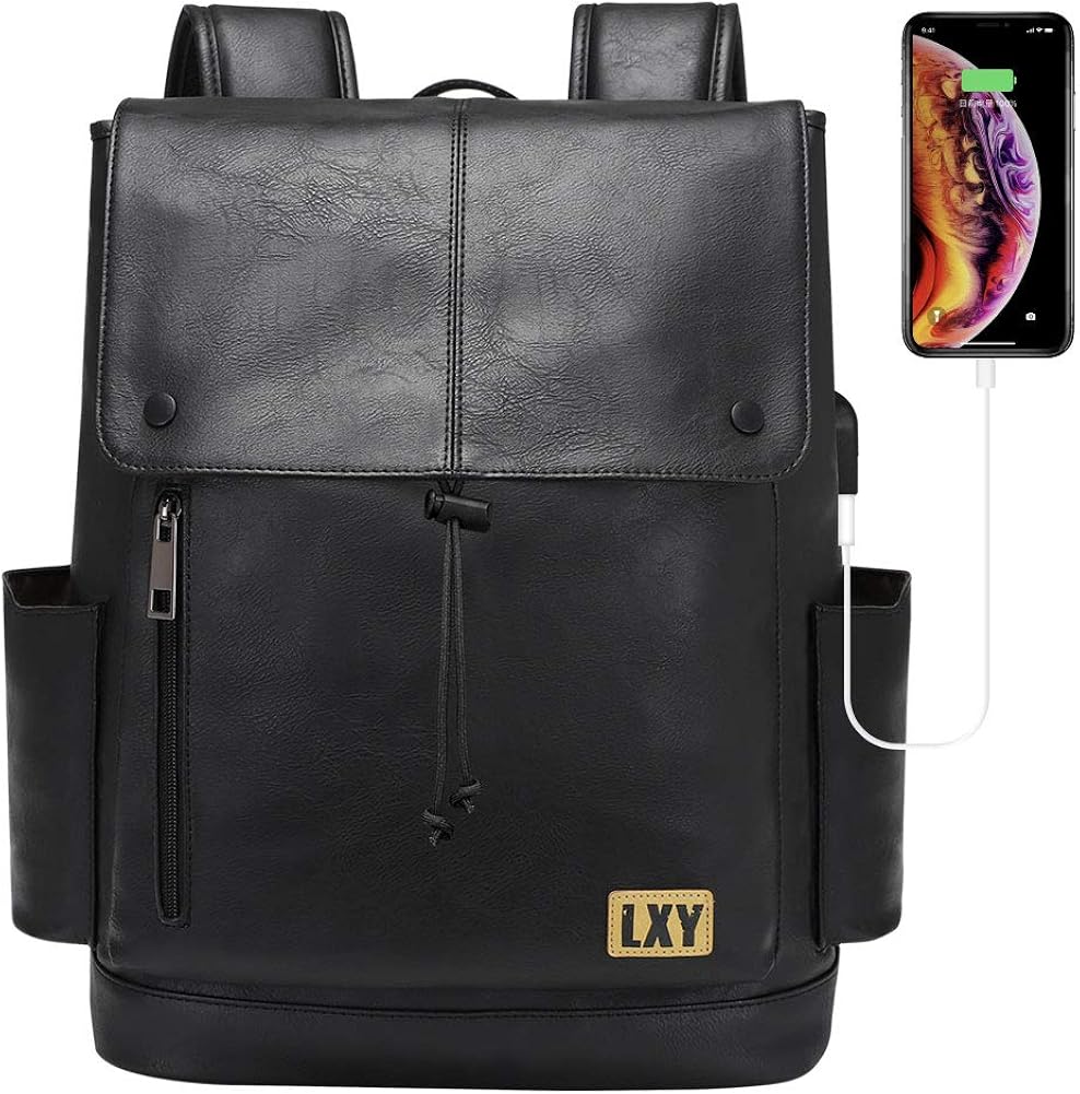 Faux Leather Backpack Women Men USB Port Laptop Bookbag Travel Backpack Daypack