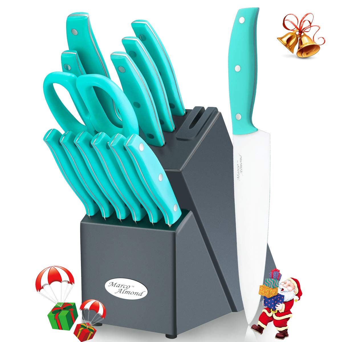 Knife Block Set, Kitchen Knife Set with Block, 14 Pieces Stainless Steel Knife Set, Knives Set with Block Wooden Built-in Knife Sharpener, with Steak Chef Knife Kitchen Scissor FDA Certified Turquoise