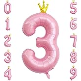 40 Inch Crown Pink Number 3 Balloon, Big Conjoined Baby Pink Foil Mylar Helium 3 Balloon for Girls 3rd Birthday Party Decorat