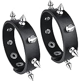 maikun 2 Pieces Punk Leather Bracelet, Metal Studded Black Wristband for Halloween Cosplay