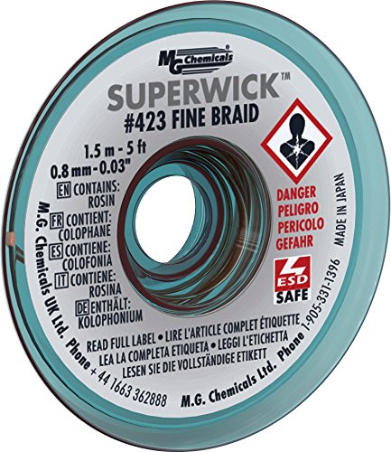 MG Chemicals Desoldering Braid #1 Fine Braid Super Wick with RMA Flux, 5' Length x 0.025" Width , White