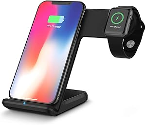 Onetopp Wireless Charger Stand for iPhone 11 Pro Max /8/8Plus/X/XS/XR/XS, Qi Fast Charging Station for Apple Watch Series 5/4/3/2/1, 2 in 1 Charge Dock for iWatch