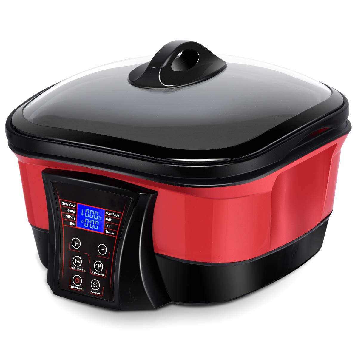 Costway 8 in 1 Multi Cooker Programmable Multiple Cooking Options w/ Non-stick Pot & LCD display, Slow Cook, Fast Stew, Stir-fry, Boil, Sous Vide, Grill, Fry, Steam, Keep Warm Function, 5.3 Quart Slow Cooker (Red)