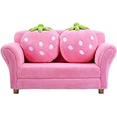 Costzon Kids Couch, Double Seat Pink Children's Sofa with 2 Strawberry Pillows, Toddler Armrest Chair for Bedroom, Living Roo