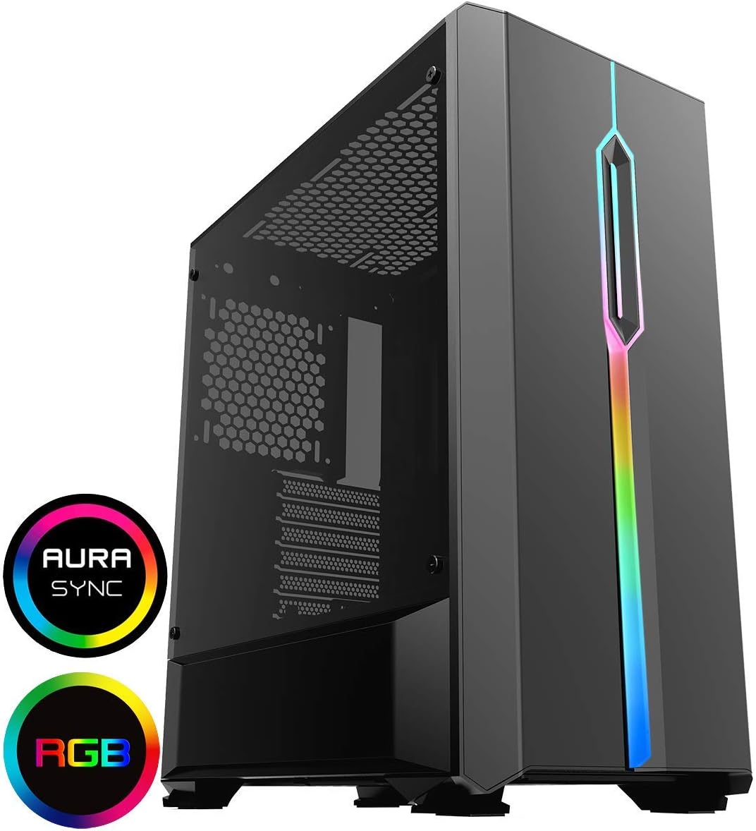 Game Max Solar Mid-Tower RGB PC Gaming Case, ATX, Tempered Glass Side Window, Built in ARGB Strip, Water Cooling Support, Room for 6 Fans | Black