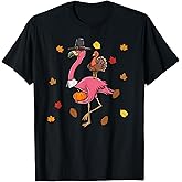 Funny Thanksgiving Pilgrim Flamingo With Turkey Cute T-Shirt