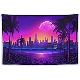 QEOPGNE Wall Art Large Tapestry Wall Hanging Palm Tree Cityscape Neon Synthwave Retrowave Wall Tapestry Cool Flags Room Decor