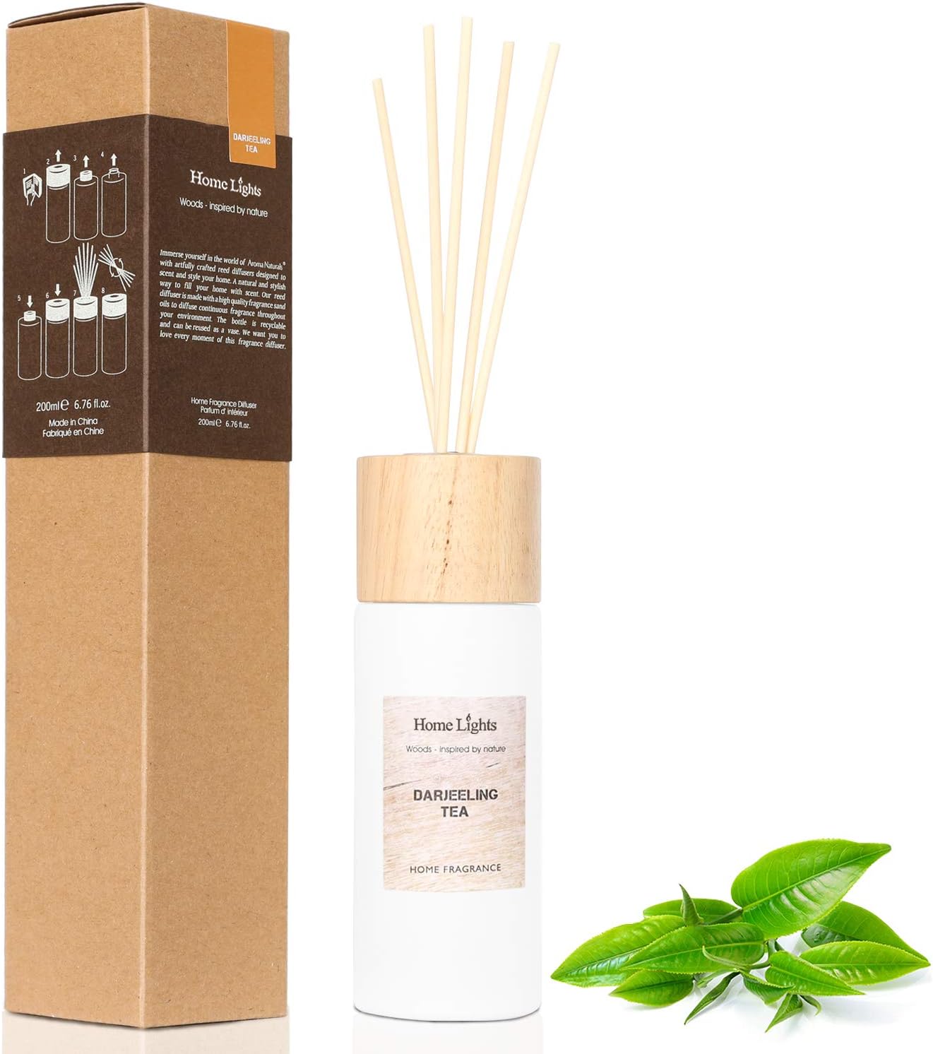 Home Lights Reed Diffuser Gift Set, Wooden Lid, Natural Scented Long Lasting Darjeeling Tea Fragrance Oil for Home Office Gift Idea, Aromatherapy Air Freshener and Stress Relief, 200ml/6.76 fl.oz