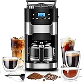 Kismile 10-Cup Digital Drip Coffee Maker with Built-In Grinder, 12-Hour Timer, Programmable, 1.5L Water Tank, Keep-Warm Funct