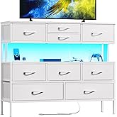 REAHOME Dresser TV Stand with Charging Station and LED Lights, 55” TV Stand with 9 Drawers, Fabric Dresser for Bedroom, Steel