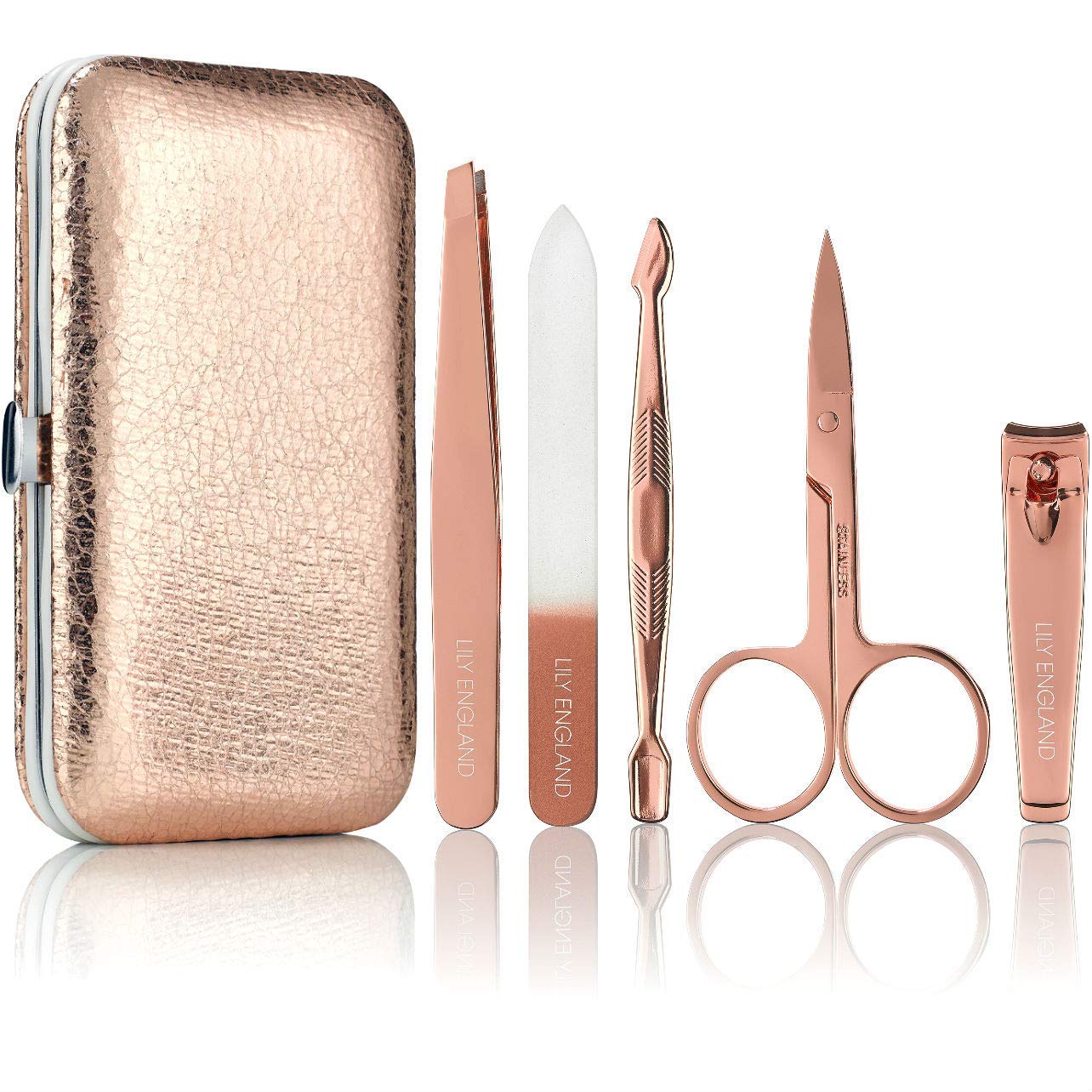 Lily England Manicure Set for Women & Girls, Professional Stainless Steel Nail Kit & Pedicure Kit with Luxury Travel Case (Rose Gold)