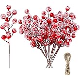 KSPOWWIN 24 PCS Artificial Holly Berry Stem Picks with Snowflake Glitter Christmas Tree Berries Floral Picks for Christmas Tr