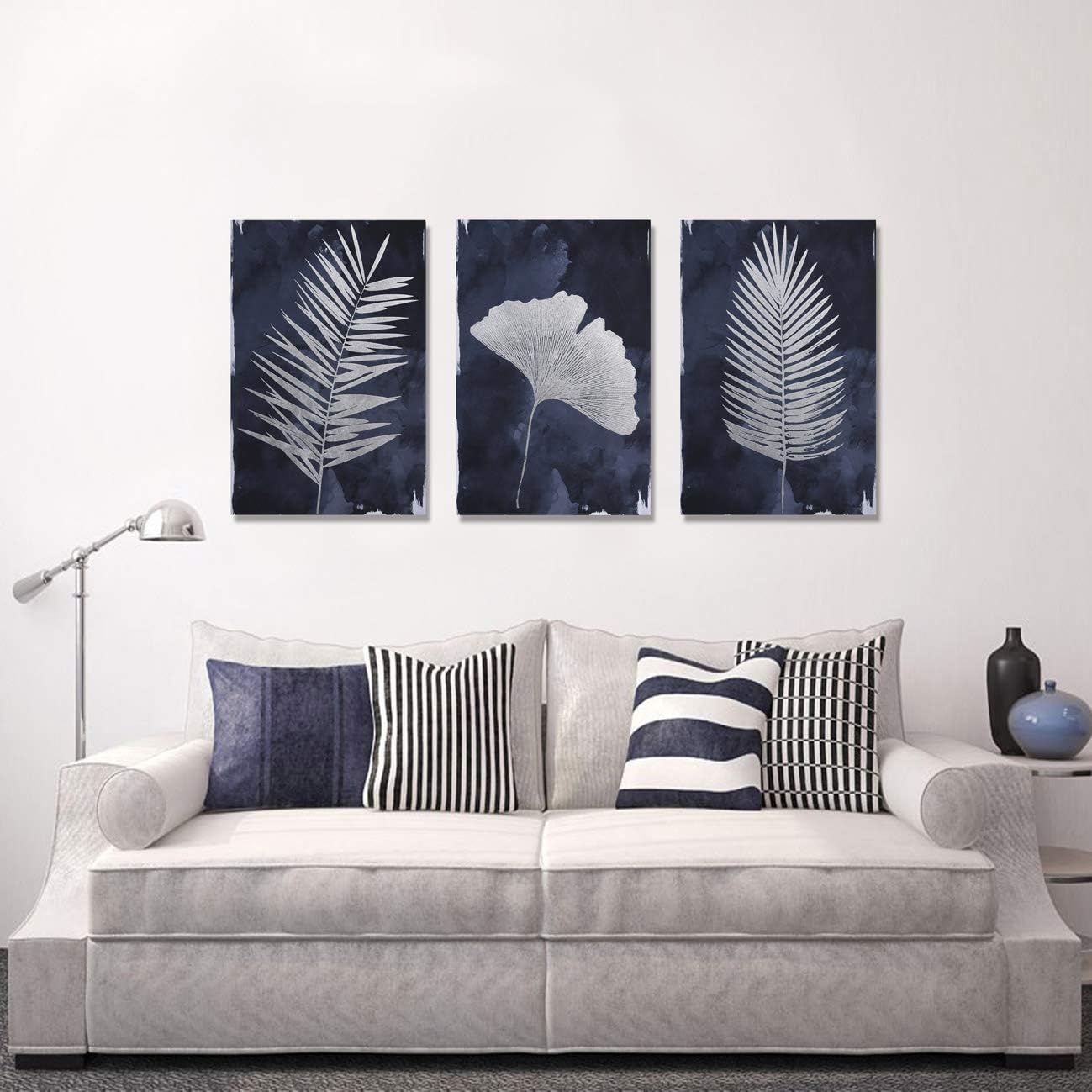 Framed Large Canvas Navy Blue Wall Art for Home, 3 Panels Hand Painted ...