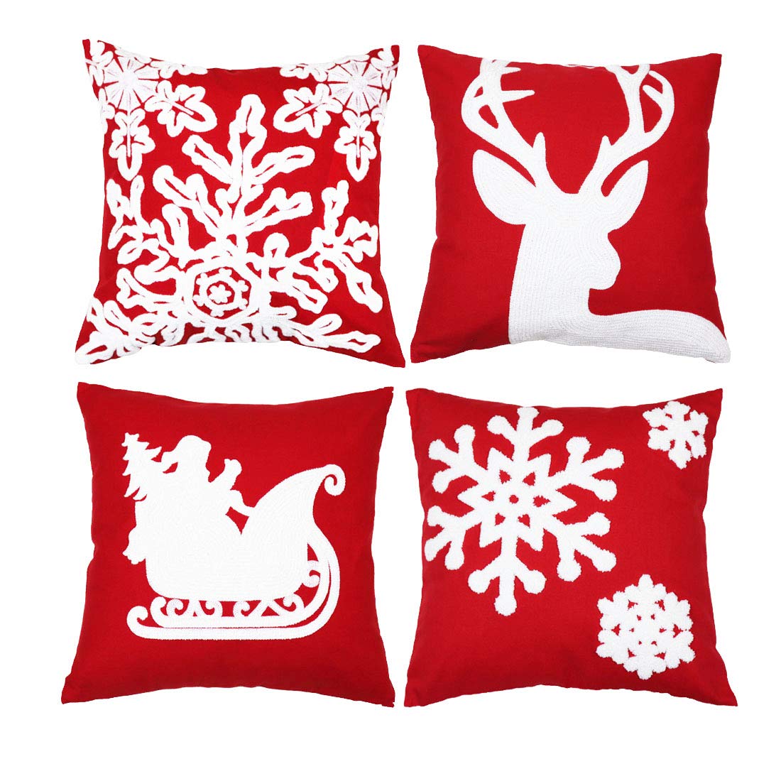 Sykting Christmas Pillow Covers for Farmhouse Winter Holiday Decorations Throw Pillow Covers with Embroidery Reindeer Sledge Snowflakes Red and White Set of 4 18x18 inch