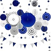 Navy Blue and Sliver Paper Fan Party Decoration, 23Pcs Hanging Paper Fans, Pom Poms Flowers, Garland String Polka Dot and Tri