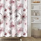 Yanutan Red Gray Floral Shower Curtain,Pink Grey Flower Shower Curtain Set for Bathroom,Natural Watercolor Flower Fabric Bath