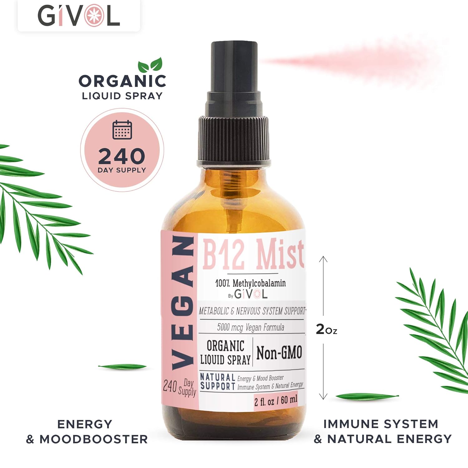 LOGIC REMEDY Vegan Methylcobalamin- Vitamin B12 Liquid Mist -240 x 5,000 mcg, Sugar Free - Non-GMO Vegan - Gluten Free - Paleo - Glass Bottle- Made & Bottled in The USA, 2 Fluid Ounces-240 Day Supply