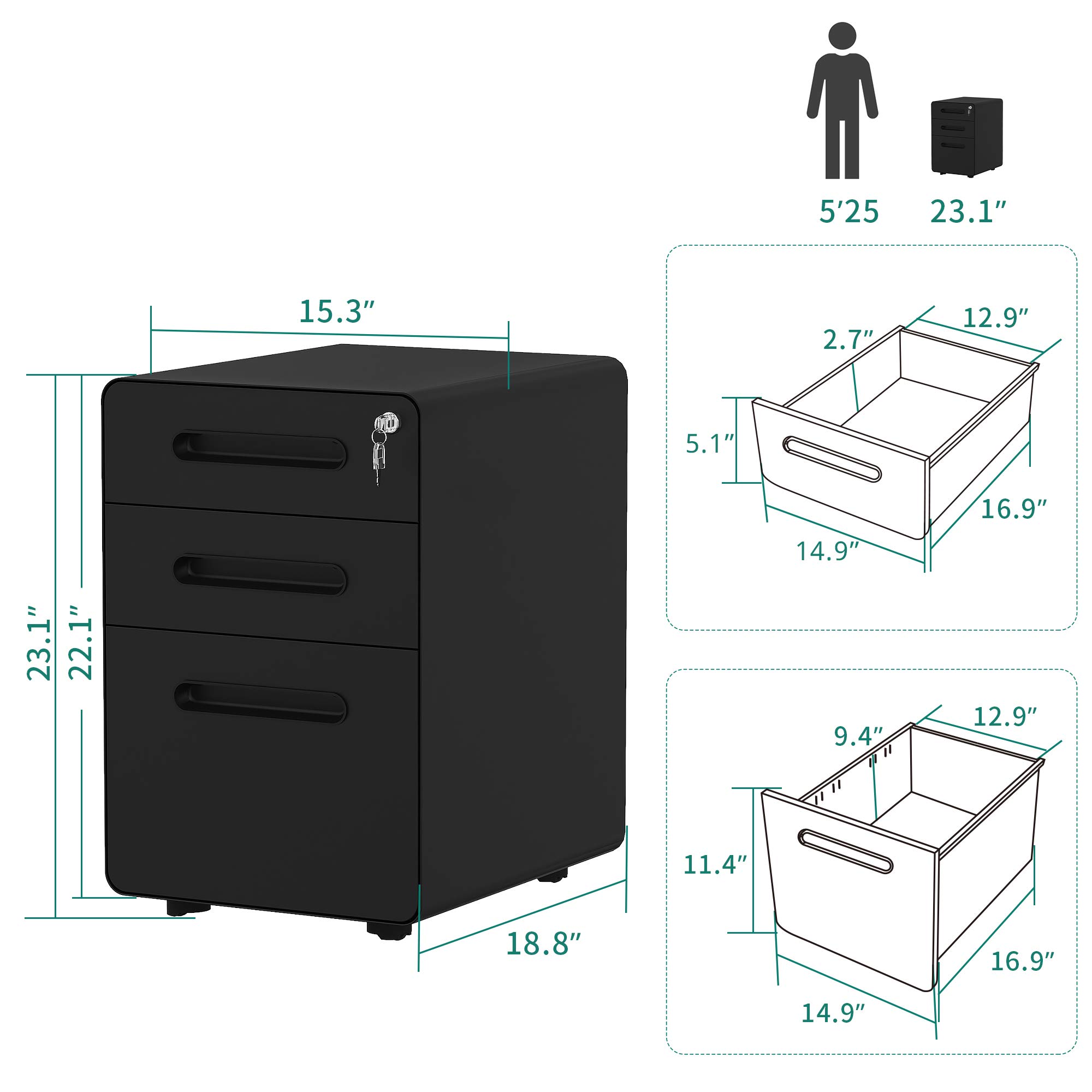 YITAHOME 3-Drawer Office Storage Cabinet,?Metal Mobile File Cabinet ...