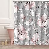 RosieLily Floral Shower Curtain, Pink Flowers Shower Curtain Set, Grey Background Floral Shower Curtain, Waterproof and Washa