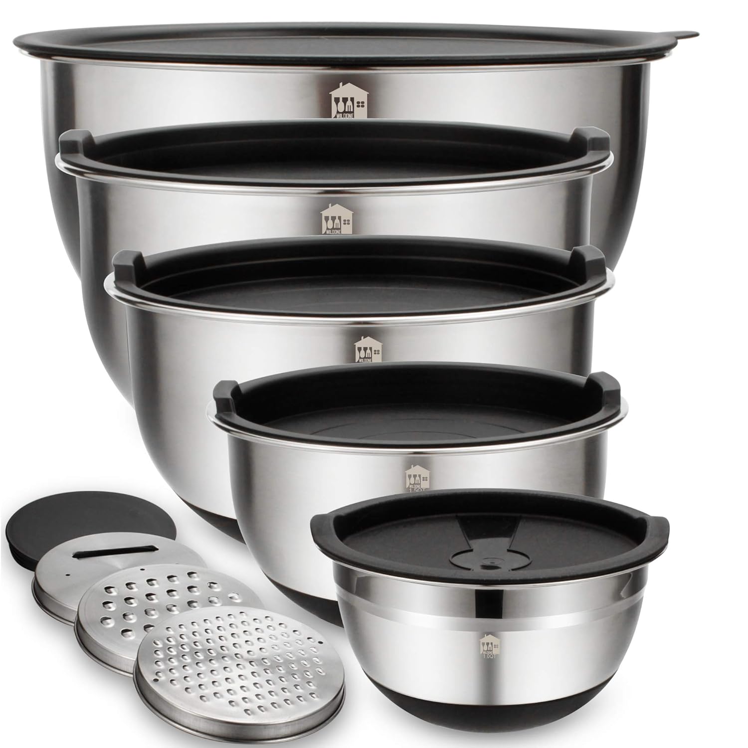 Mixing Bowls Set of 5, Wildone Stainless Steel Nesting Bowls with Airtight Lids, 3 Grater Attachments, Measurement Marks & Non-Slip Bottoms, Size 5, 3, 2, 1.5, 1QT, Great for Mixing & Serving