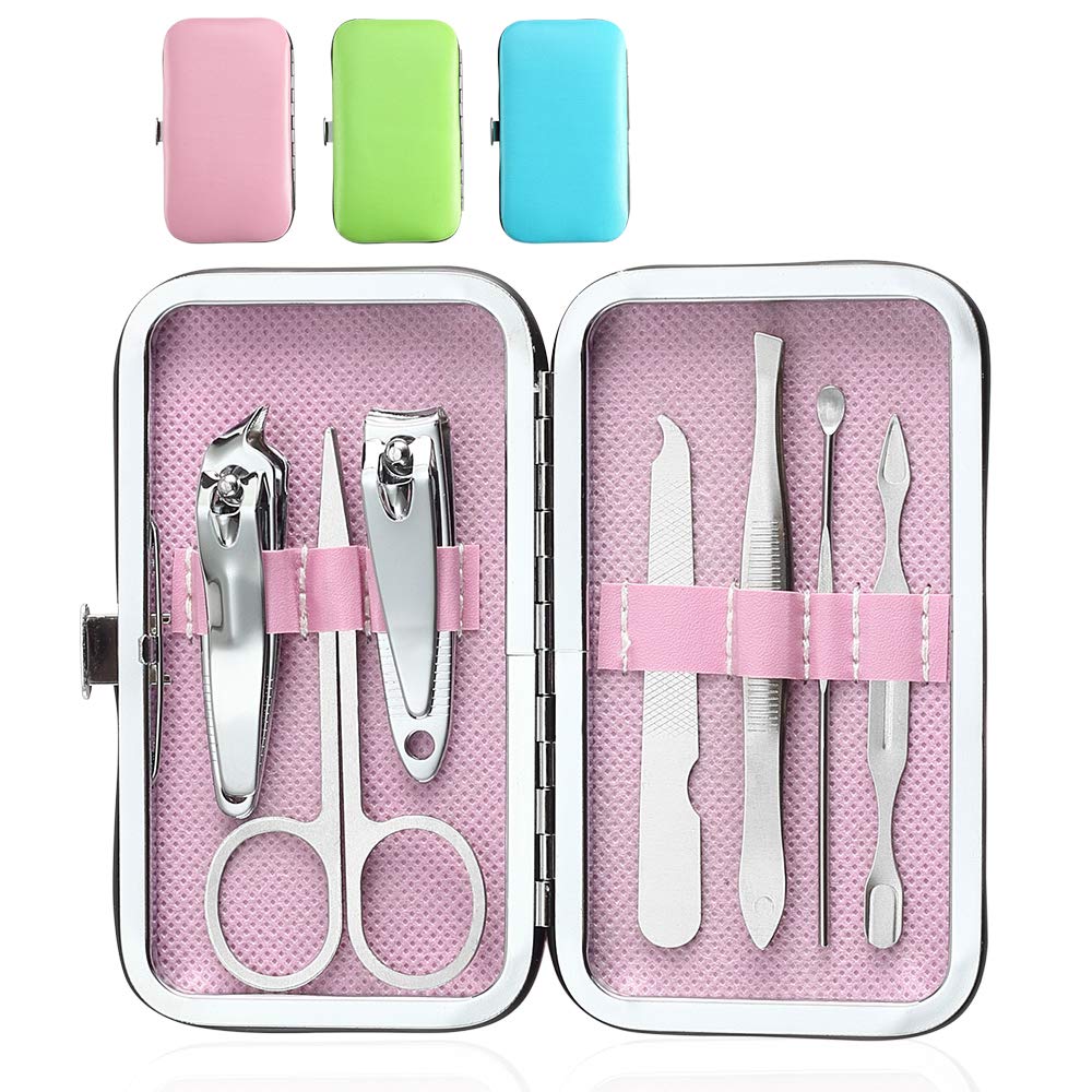 YWQ 3 Pack 7Pcs Manicure Set,Cute and Surprisingly Sturdy Stainless Steel Nail Clipper Set with case, Great Gifts Personal Pedicure Kit for Women Men Girls Travel, Pink Blue Green