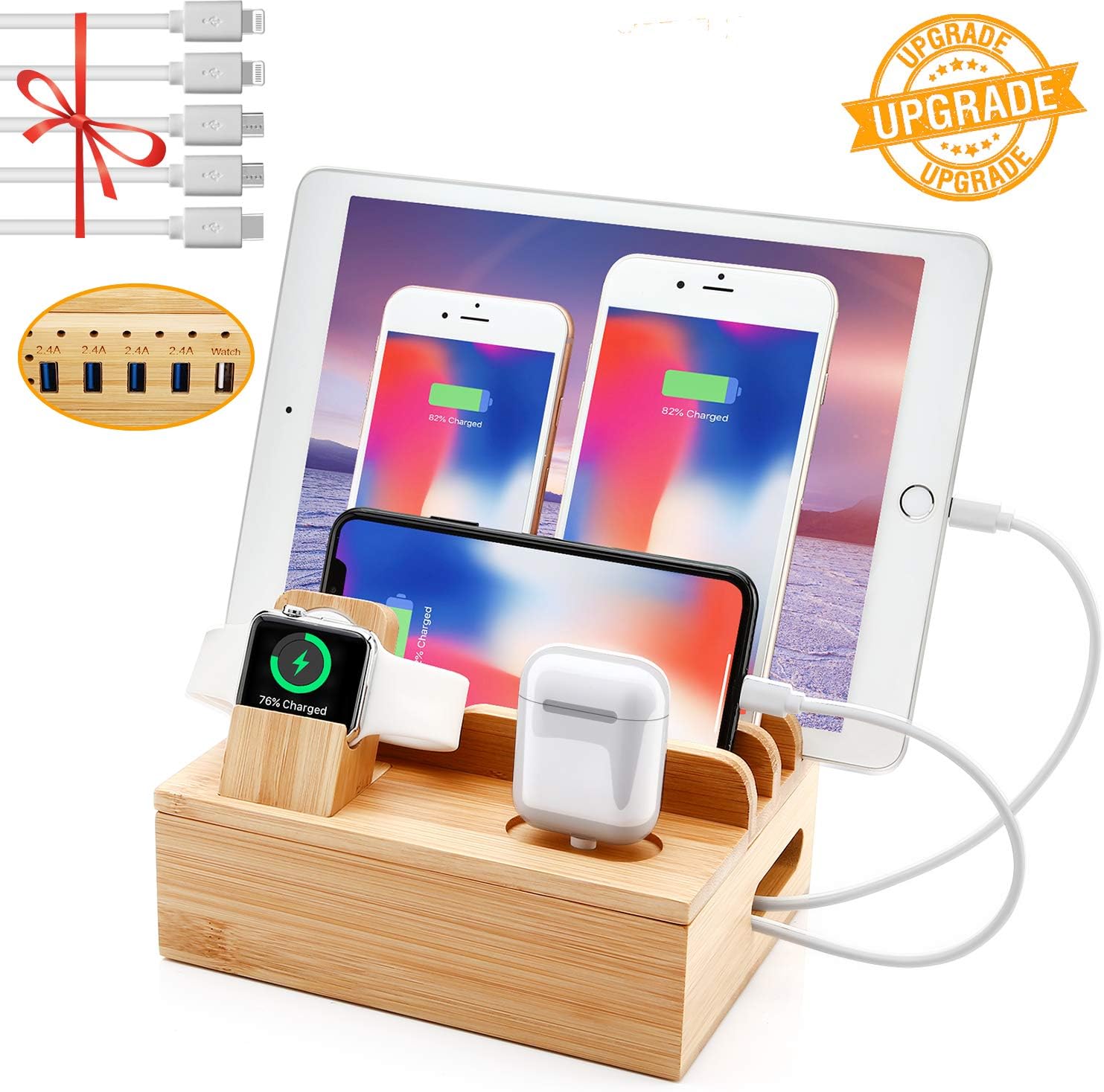 Bamboo Charging Station for Multiple Devices, Sendowtek 6-in-1 USB Charging Station with 5-Port for Cell Phone Tablet Electronic, Watch Stand Earbuds Docking Station Organizer-5 Mixed Cables Included