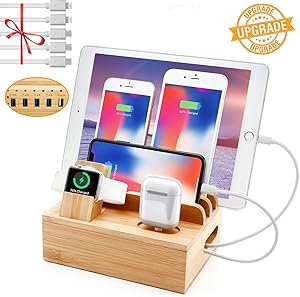 Bamboo Charging Station for Multiple Devices, Sendowtek 6-in-1 USB Charging Station with 5-Port for Cell Phone Tablet Electronic, Watch Stand Earbuds Docking Station Organizer-5 Mixed Cables Included