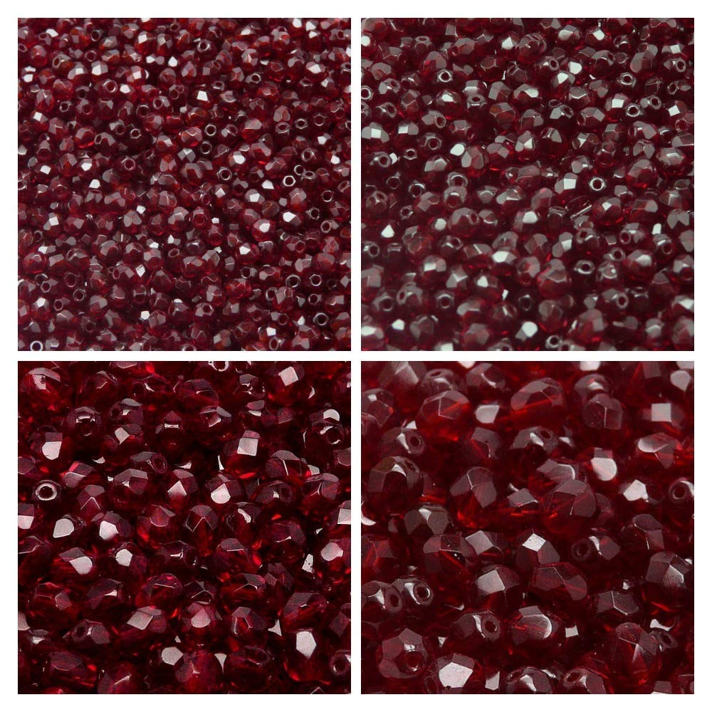 Set of Czech Glass Fire Polished Beads in Dark Ruby Color for Making Jewelry and Crafts - Different Sizes 3 mm, 4 mm, 6 mm, 8 mm. Total 275 Pieces.