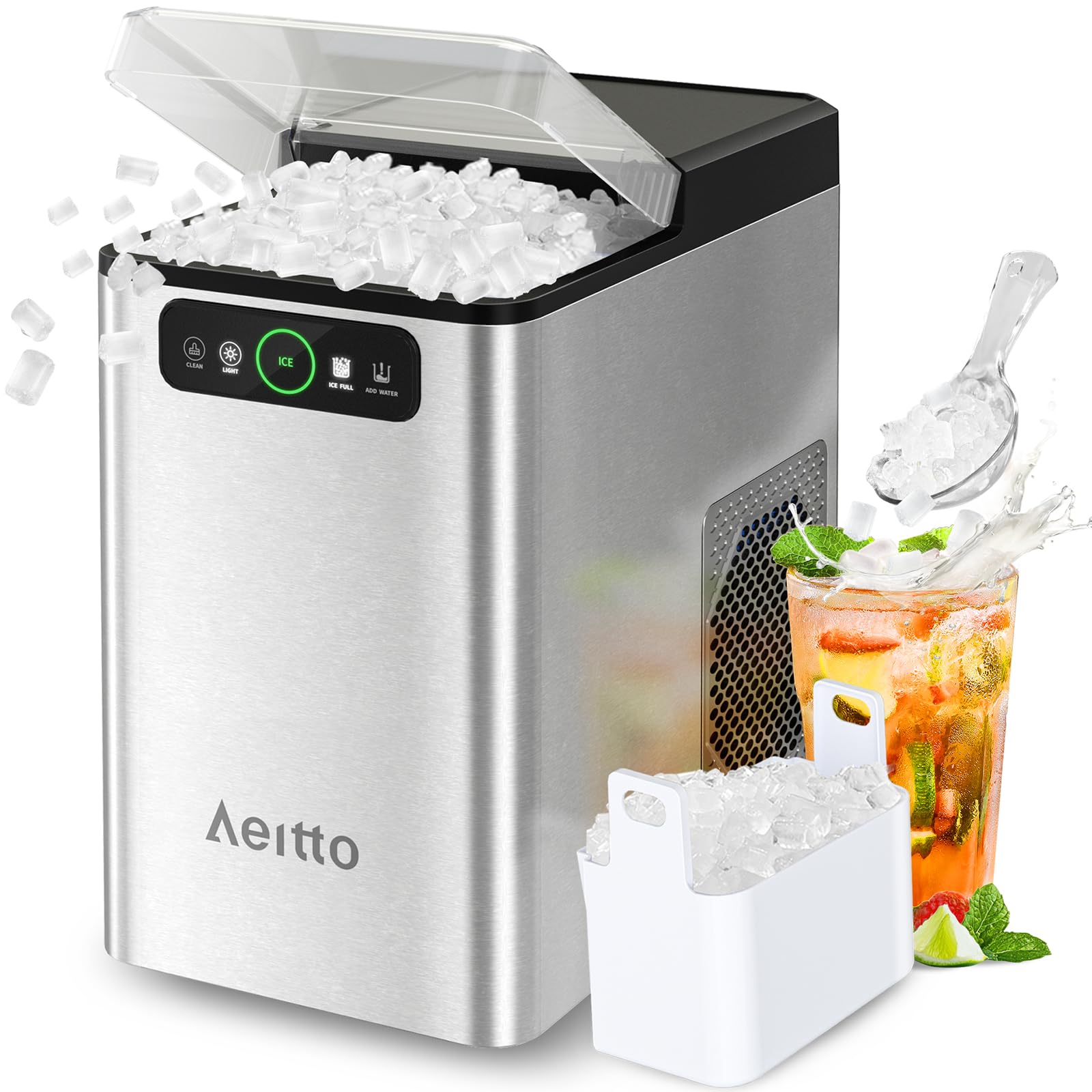 Photo 1 of Aeitto Nugget Ice Maker Countertop 40Lbs/24H Soft Chewable Ice Pebble Ice Machine, One-Click Operation, Auto Self-Cleaning Ice Makers with Scoop&Basket for Home, Office, Kitchen, Party (Silver)