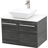 WindBay Wall Mount Floating Bathroom Vanity Sink Set. Dark Grey Vanity, White Flat Stone Countertop Ceramic Sink - 30"