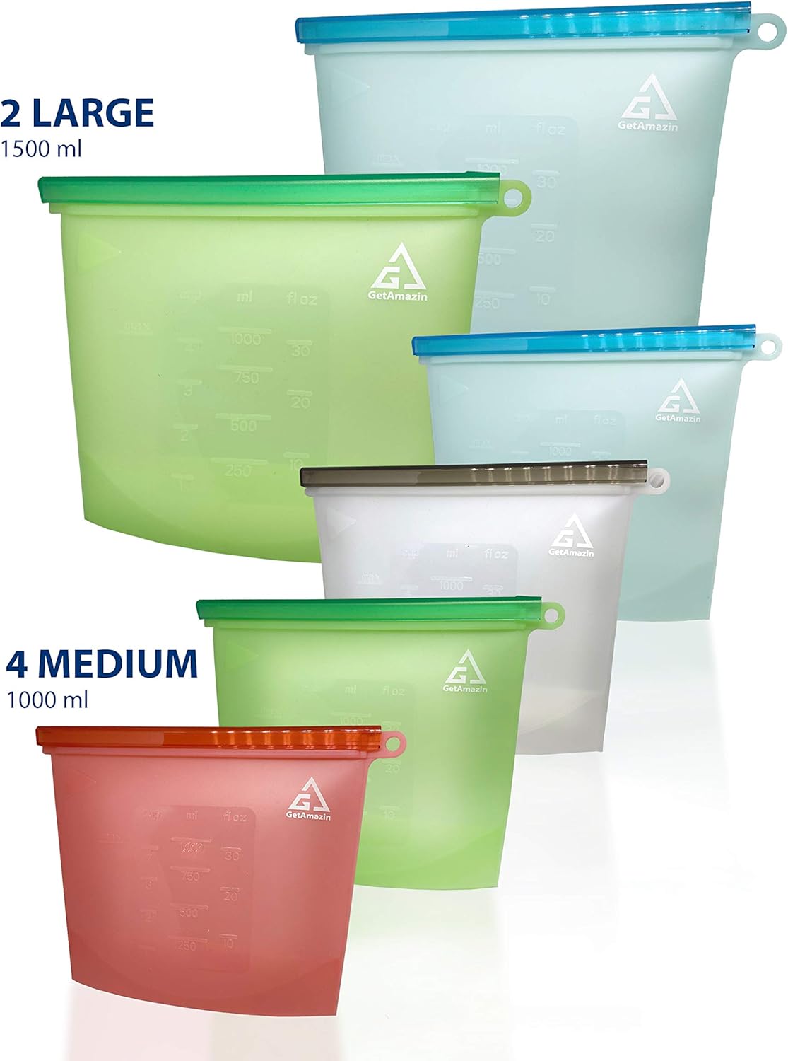 GetAmazin Reusable Silicone Food Storage Bags 6pack(2L,4M) Airtight Seal Preservation Container Vegetable,Liquid,Snack,Sandwich,Sous Vide,Fruit.Freezer Microwave Dishwasher,Leakproof,BPA free,FDA