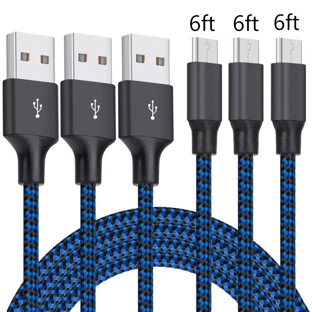 Micro USB Cable, 3Pack 6FT Android Charger Cord Long Nylon Braided Sync and Fast Charging Cables Compatible Samsung Galaxy S6 S7 Edge, Kindle, Android & Windows Smartphones, Xbox, PS4 and More-Blue