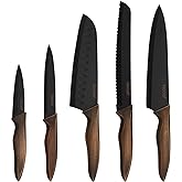 hecef Vintage Kitchen Knife Set, Stainless Steel Non-stick Black Coated Knives with Extra Sheaths, Includes Chef, Bread, Sant