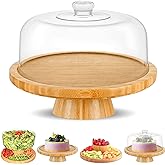 CHEF'S UNIQUE Bamboo Cake Stand With Dome Multi Function 6 In 1 Cake Holder Serving Platter, (12") Round Veggie Stand And Sal