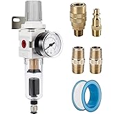 NANPU 1/4" NPT Compressed Air Filter Regulator Combo Piggyback, 5 Micron Brass Element, Poly Bowl, Semi-Auto Drain, Metal Bra