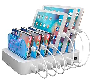 Hercules Tuff Charging Station for Multiple Devices, 6 USB Ports, Short Cables Included, White