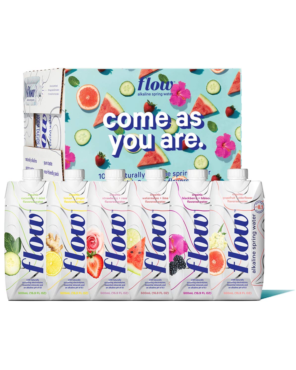 Flow Alkaline Spring Water, Natural Alkaline Water pH 8.1, Electrolytes + Essential Minerals, Eco-Friendly Pack, 100% Recyclable, BPA-Free, Non-GMO, 2 of Each Organic Flavor, Variety Pack 12 x 500ml