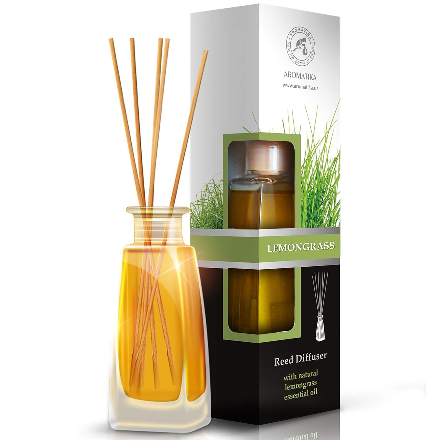 AROMATIKA Lemongrass Diffuser w/Lemongrass Oil 100ml - Scented Reed Diffuser - 0% Alcohol - Diffuser Gift Set - Best for Aromatherapy - Room Air Fresheners - Lemongrass Essential Oil Diffuser